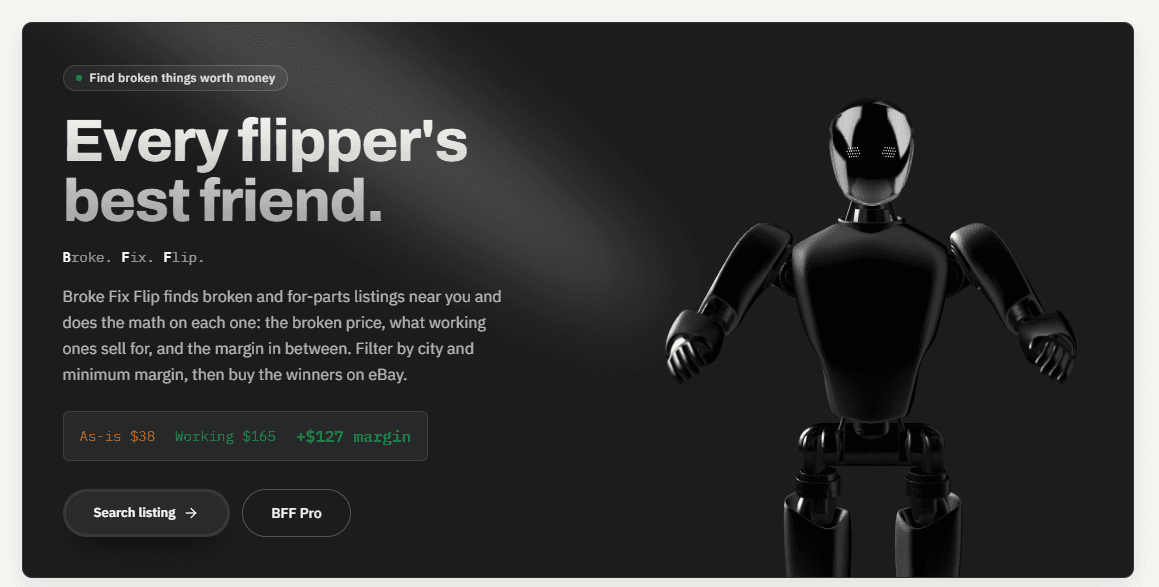 Broke Fix Flip product preview for startup listing on Aura++