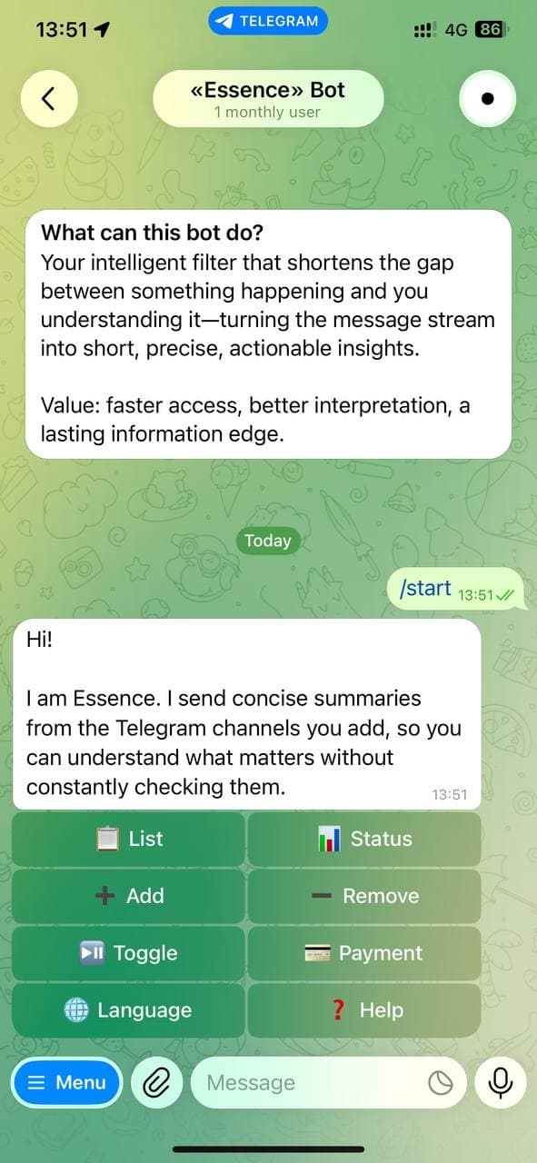 «Essence» Bot product preview for startup listing on Aura++