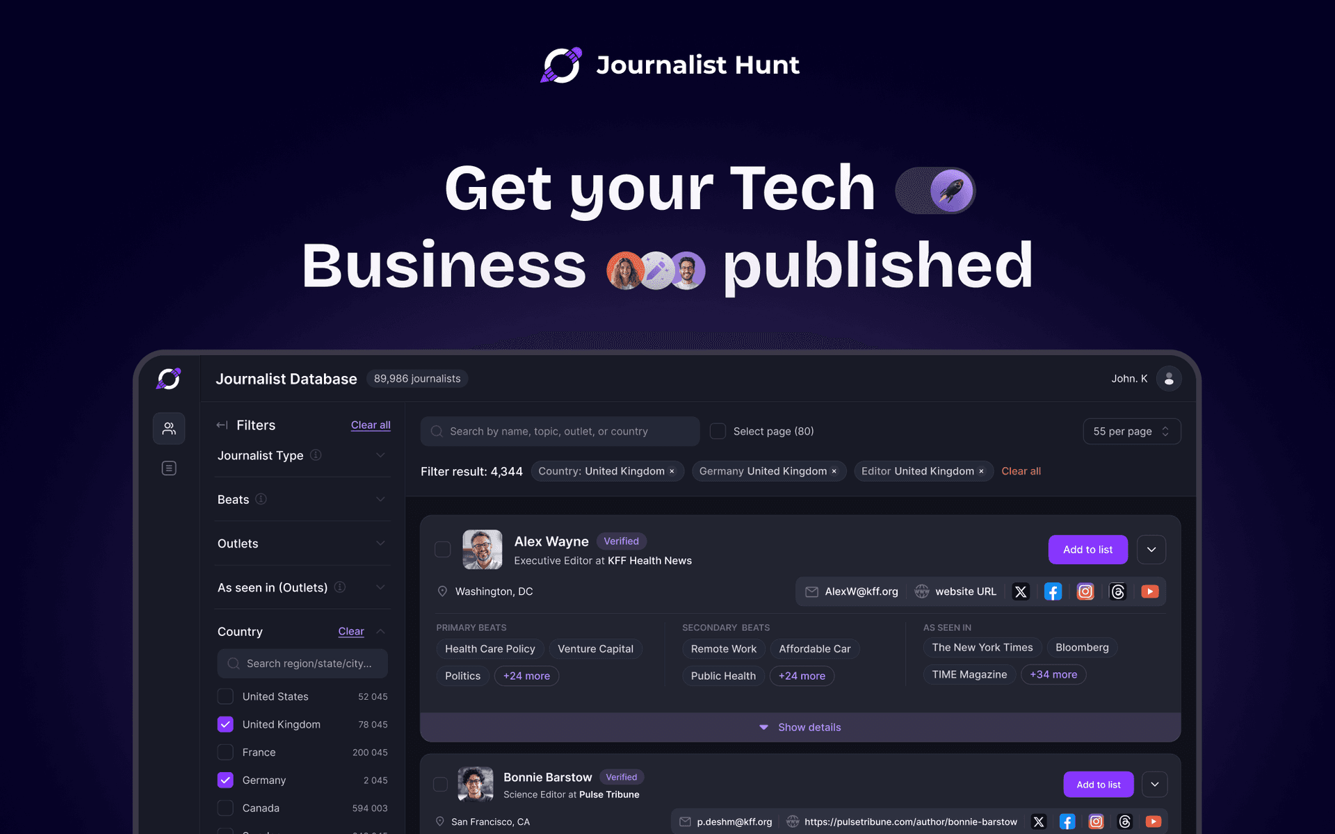 Journalist Hunt product preview for startup listing on Aura++