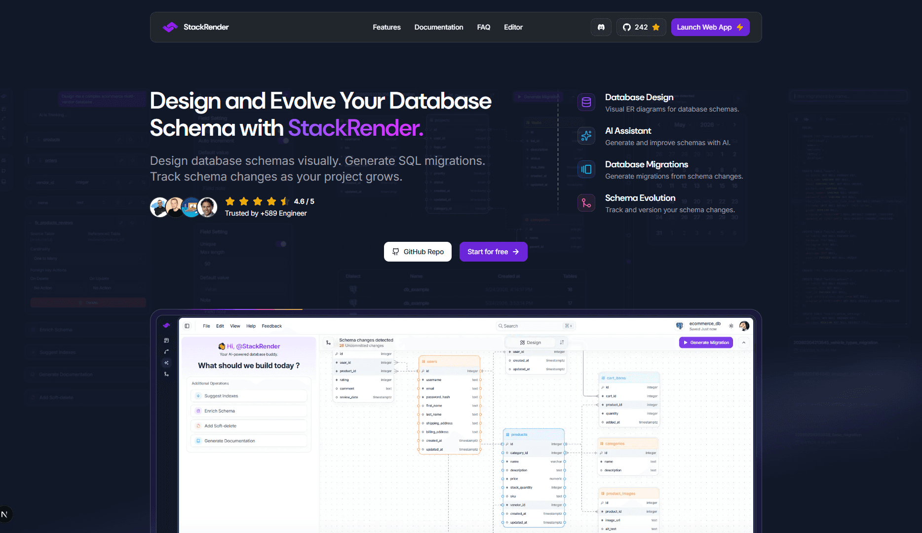 StackRender: Visual Database Schema & Migrations product preview for startup listing on Aura++