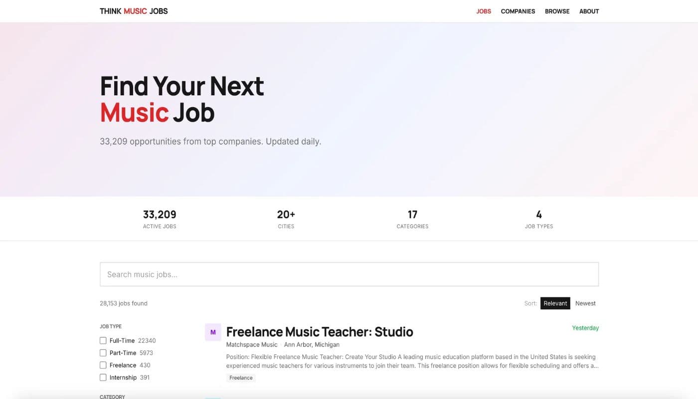 Think Music Jobs product preview for startup listing on Aura++