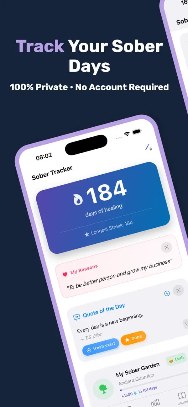 Sober Tracker product preview for startup listing on Aura++