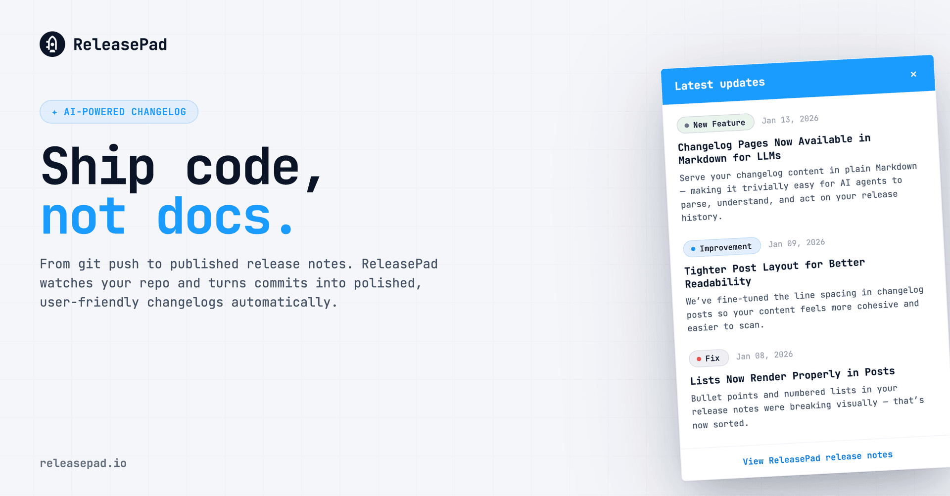 ReleasePad: Automated Changelog & User Engagement product preview for startup listing on Aura++