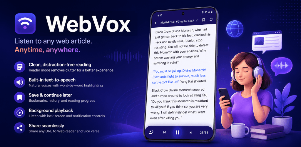 WebVox: Distraction-Free Web Reading & Listening product preview for startup listing on Aura++