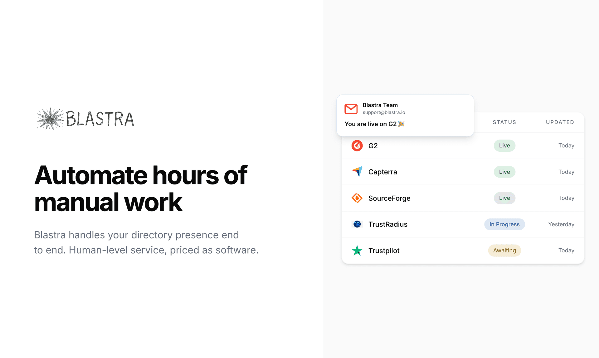 Blastra product preview for startup listing on Aura++