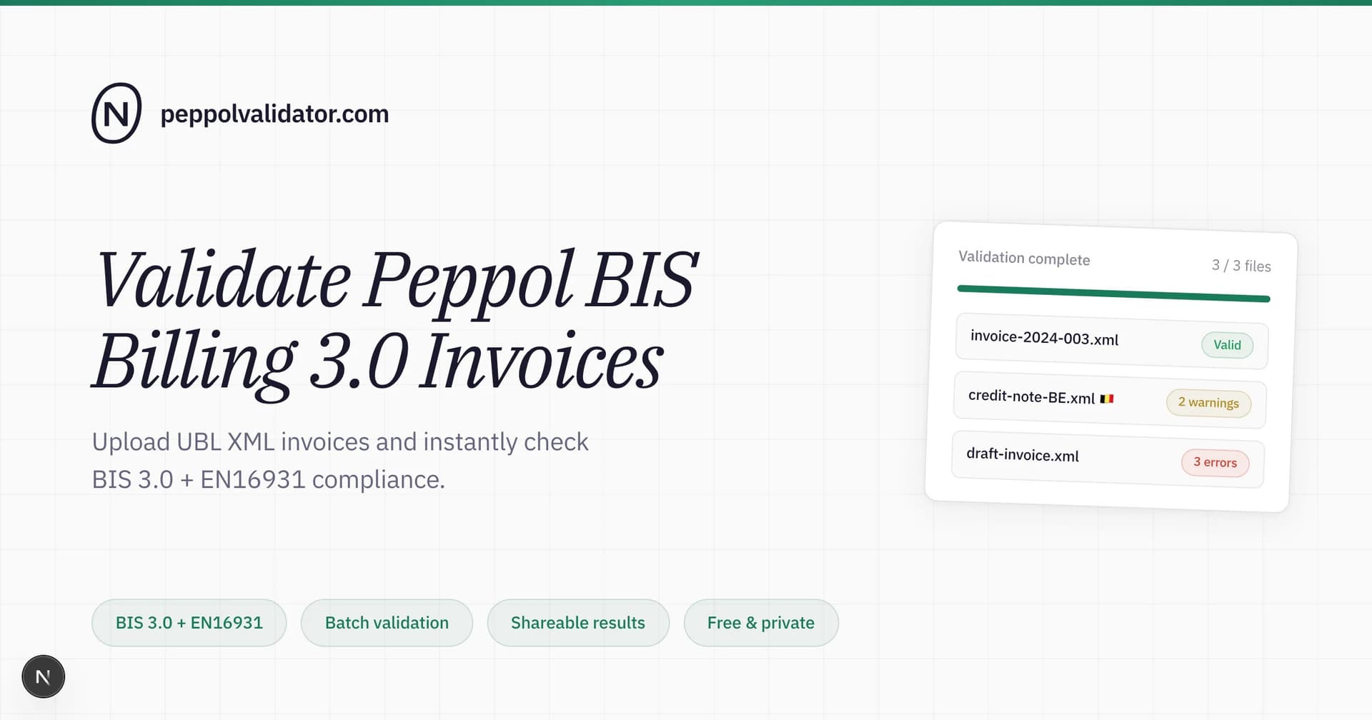 Peppol Validator product preview for startup listing on Aura++