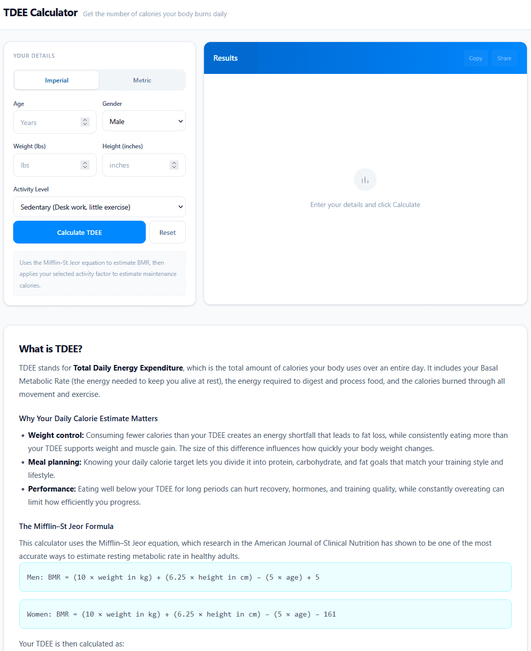 TDEE Calculator product preview for startup listing on Aura++
