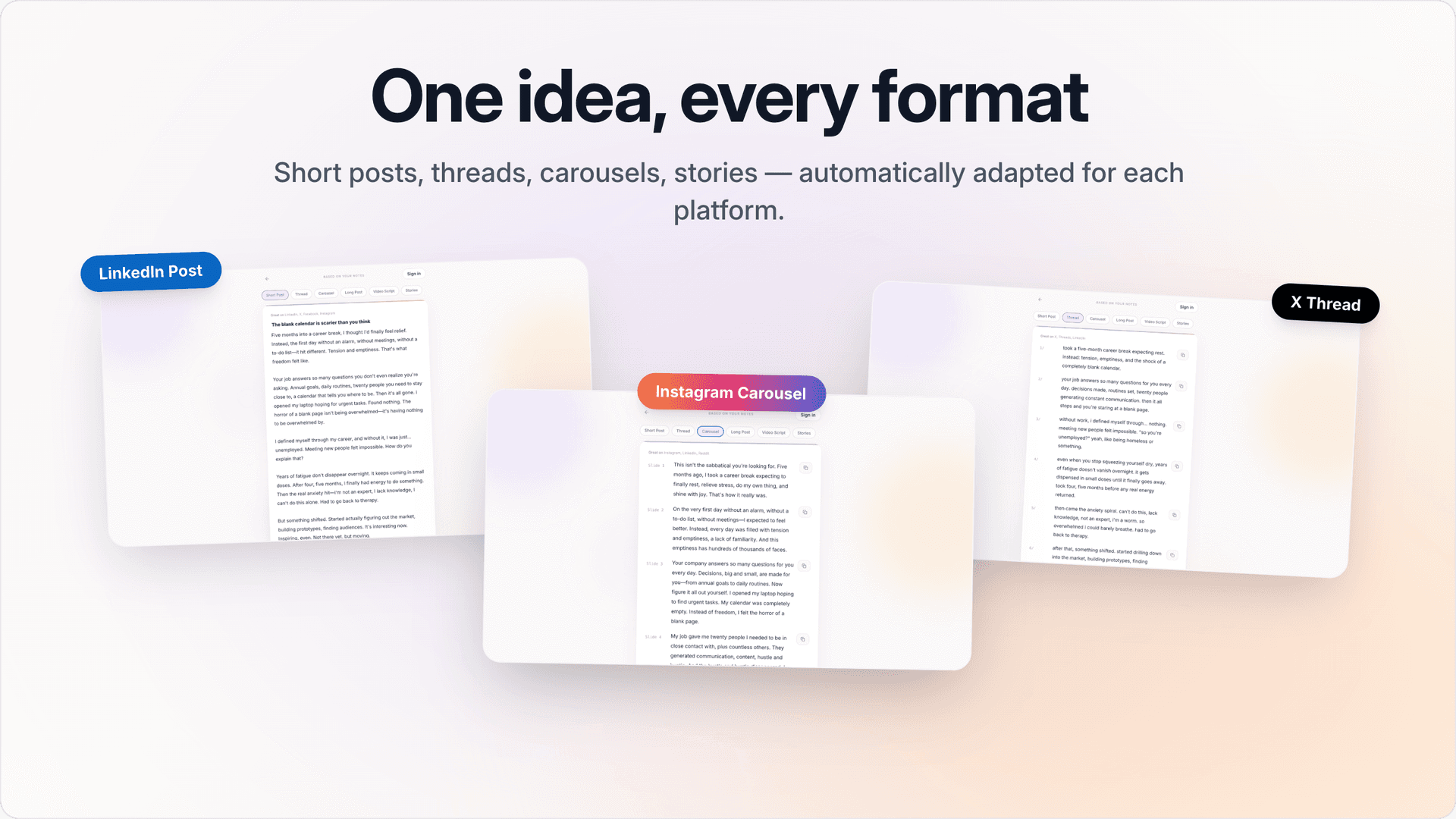 Voice to post product preview for startup listing on Aura++