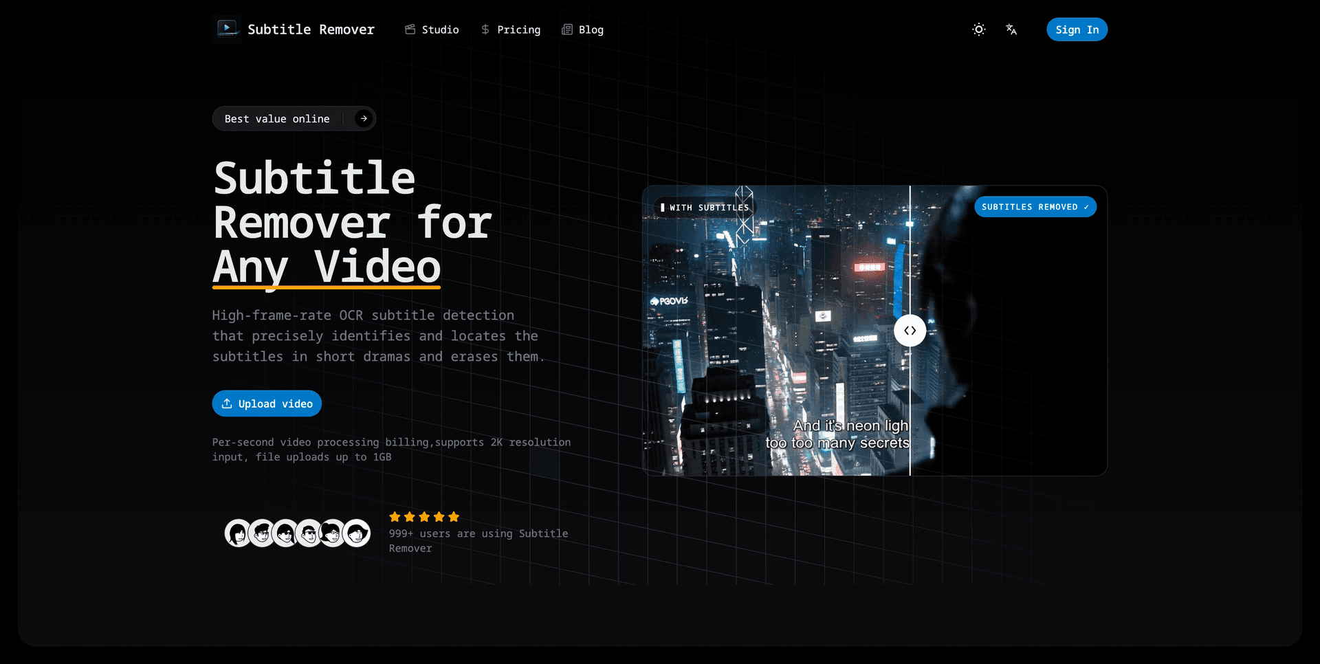 Subtitle Remover AI product preview for startup listing on Aura++