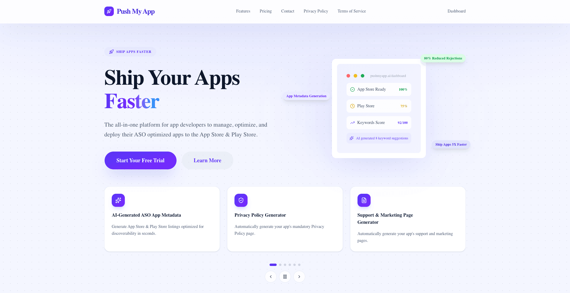 Push My App product preview for startup listing on Aura++
