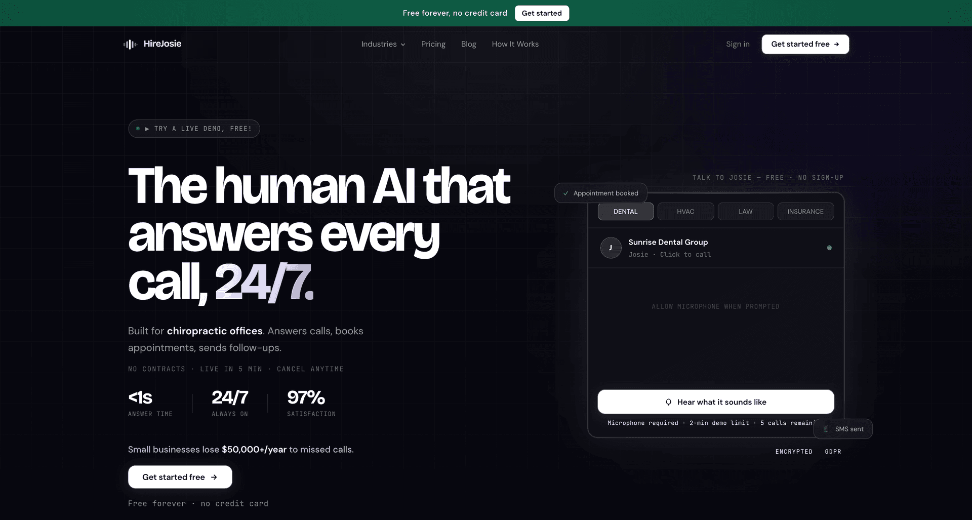 HireJosie AI Receptionist product preview for startup listing on Aura++