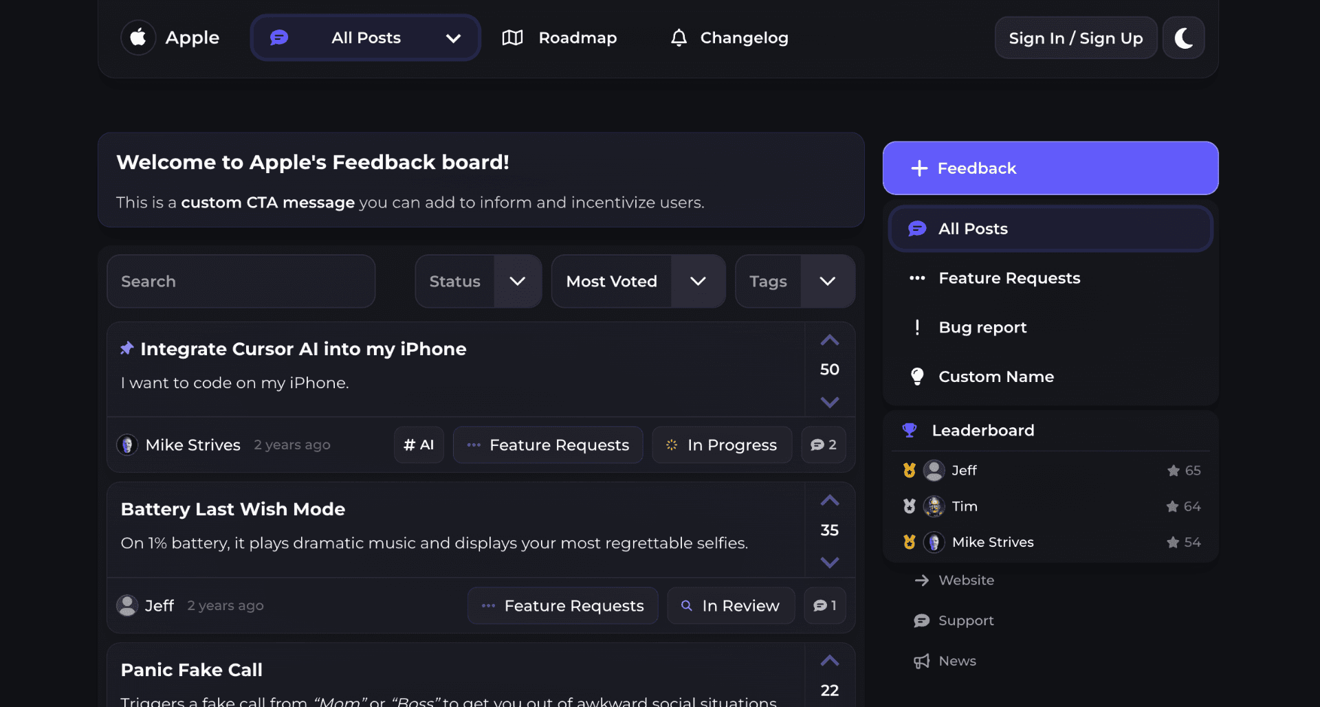 Upvoty product preview for startup listing on Aura++