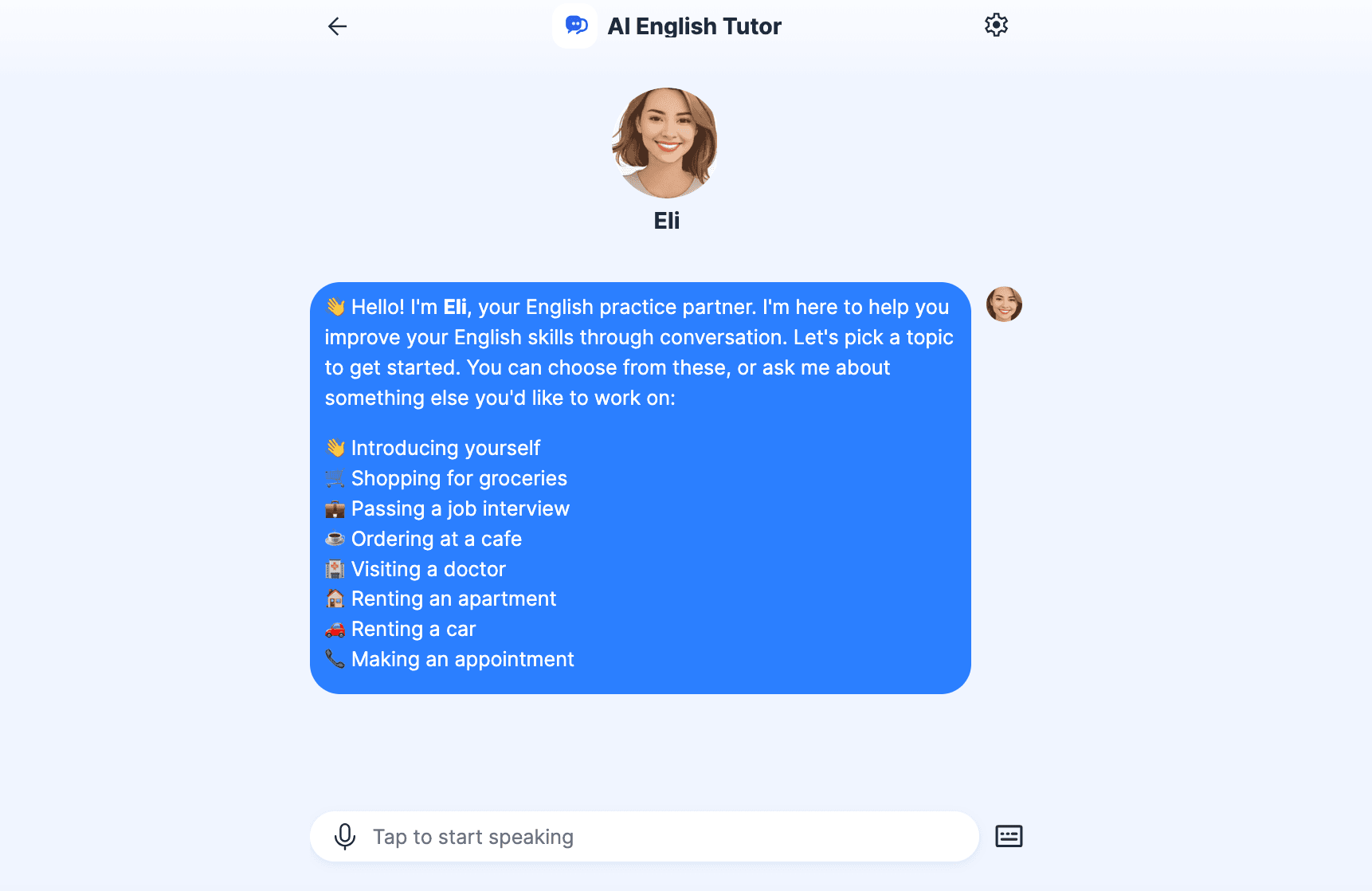 Eli - Speak With AI English Tutor product preview for startup listing on Aura++