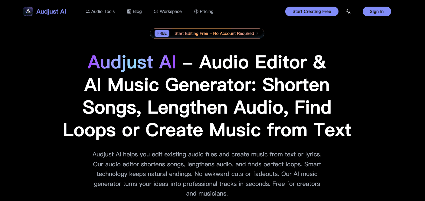 Audjust AI - AI-Powered Audio Editing & Music Generation product preview for startup listing on Aura++