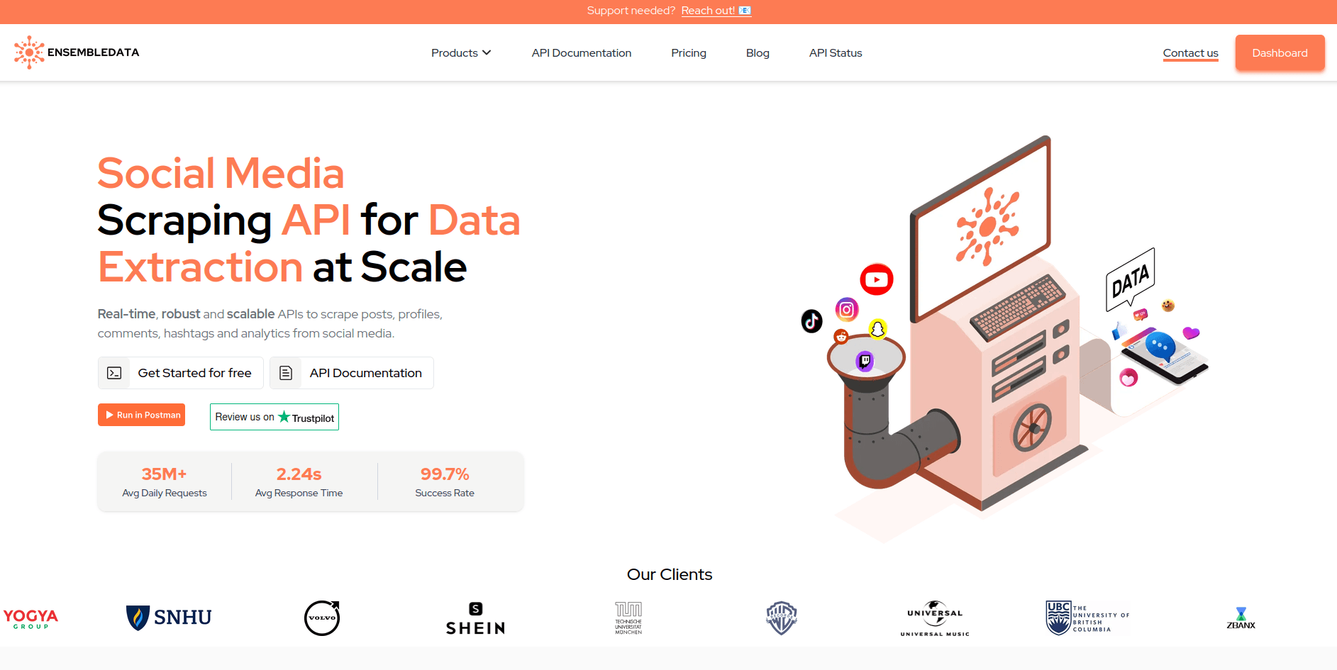 EnsembleData Social Media Scraping API product preview for startup listing on Aura++