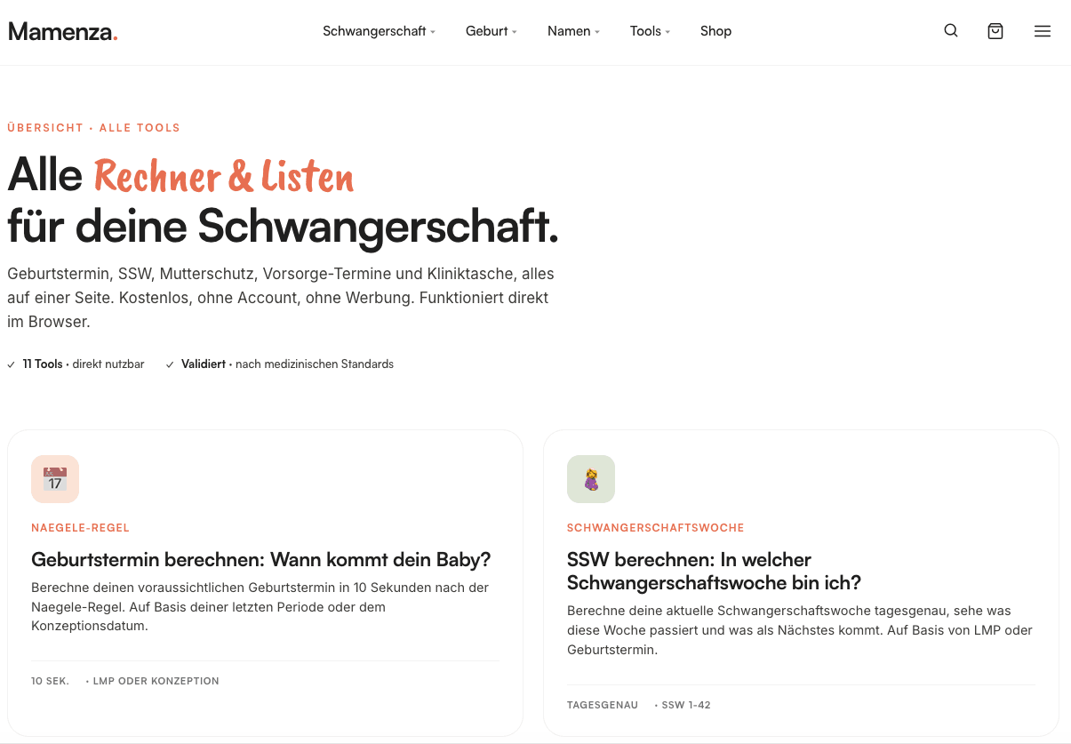 Mamenza Pregnancy Tools product preview for startup listing on Aura++