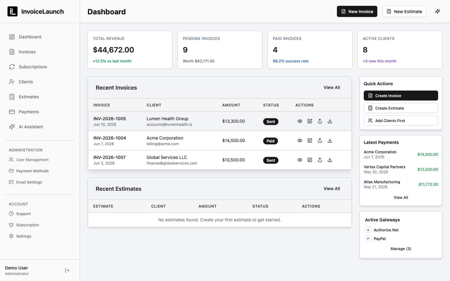 InvoiceLaunch product preview for startup listing on Aura++
