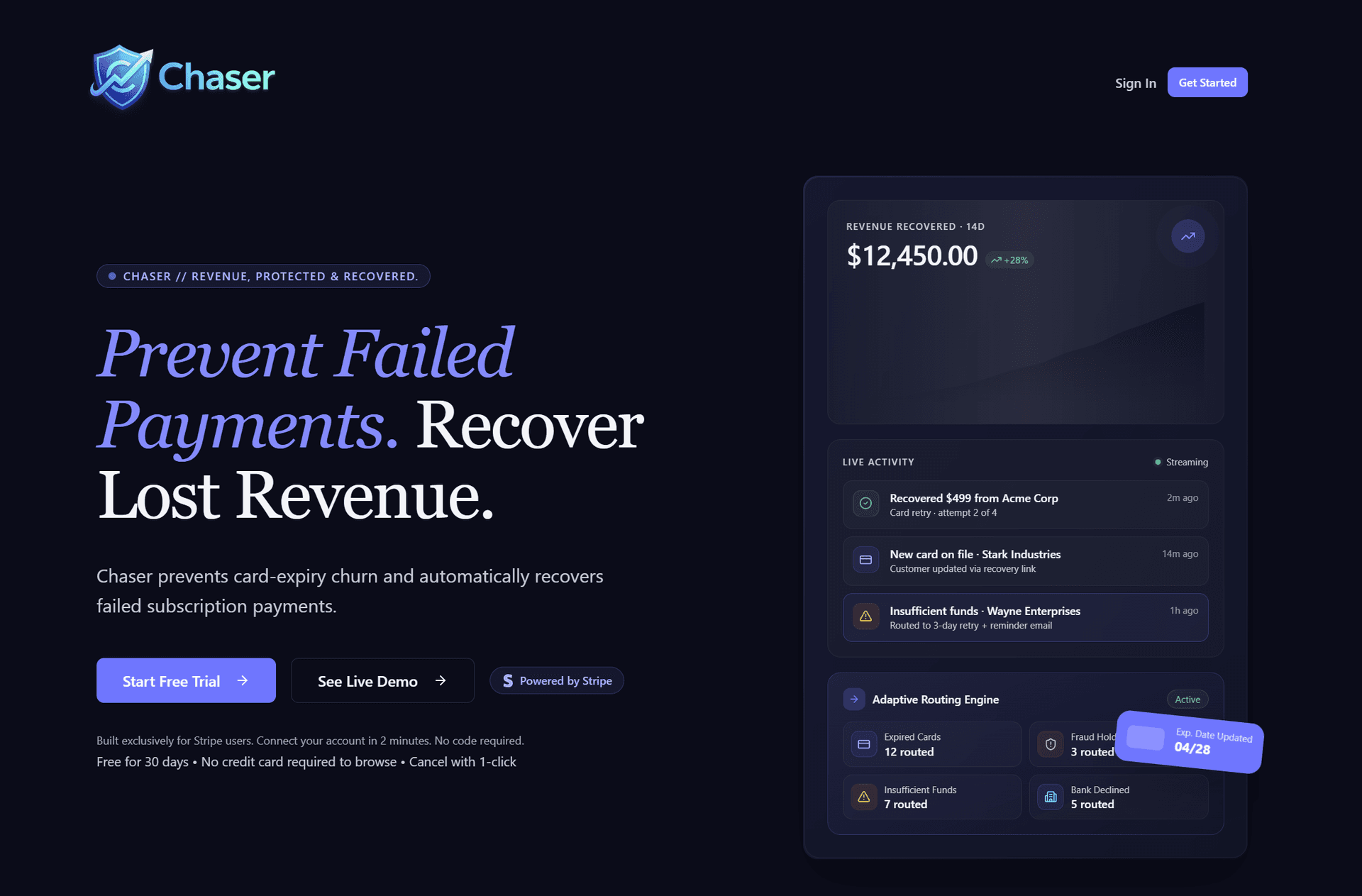 Chaser: Automated Revenue Recovery for Stripe product preview for startup listing on Aura++