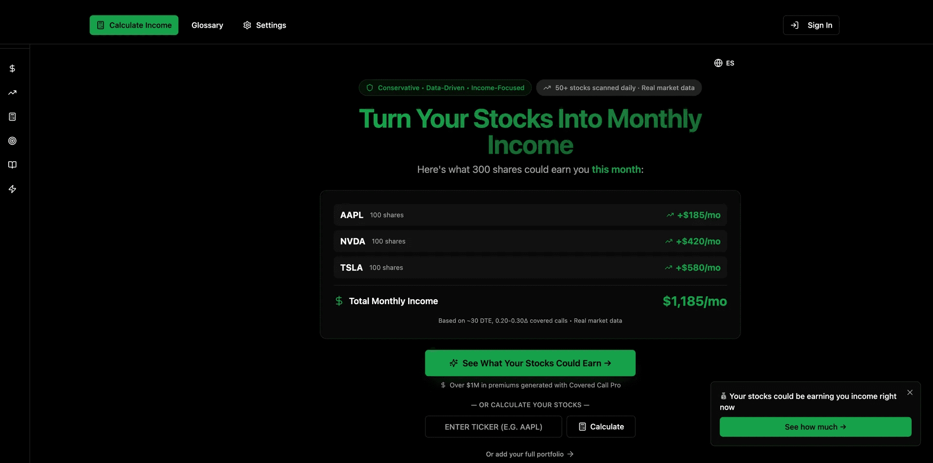 Covered Call Screener product preview for startup listing on Aura++