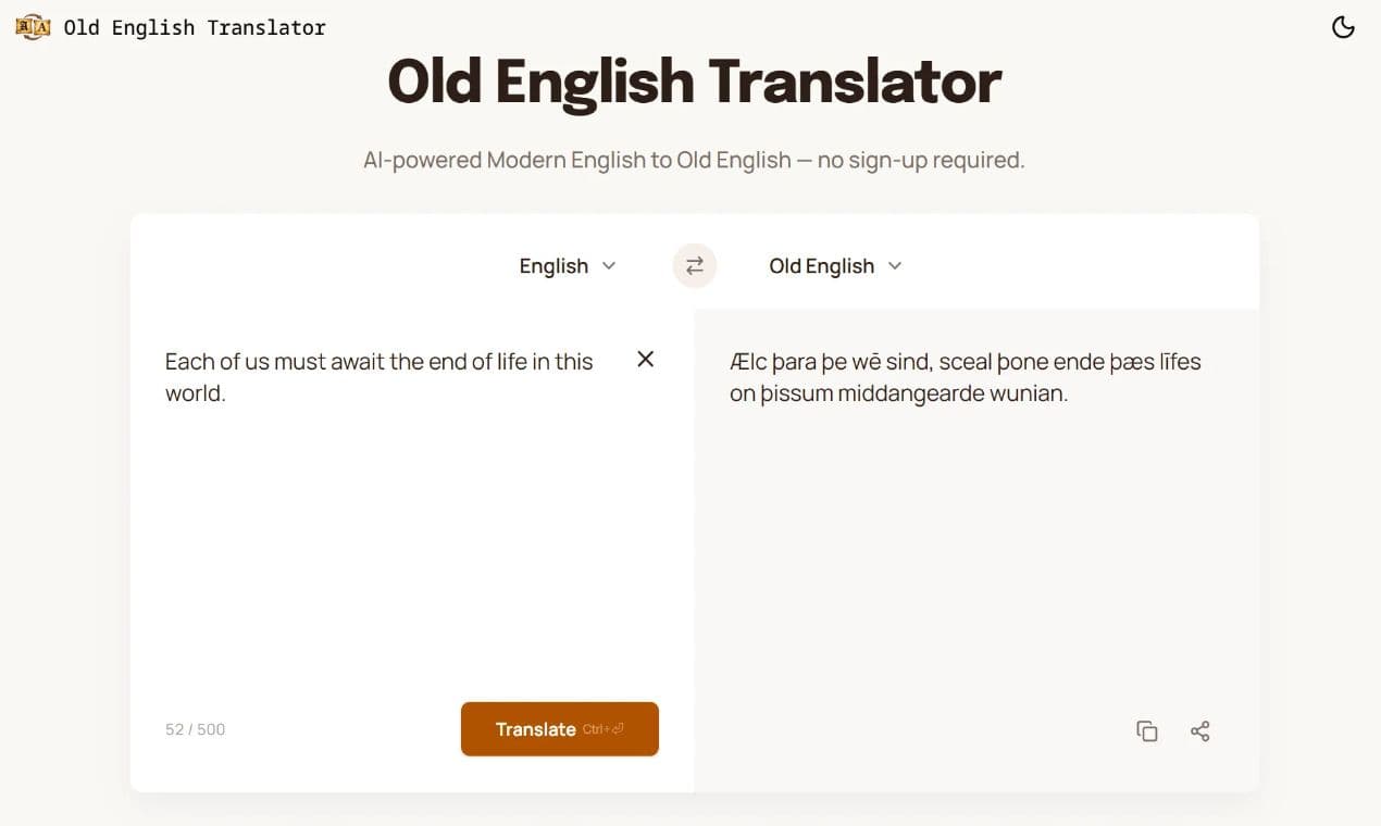 Old English Translator product preview for startup listing on Aura++