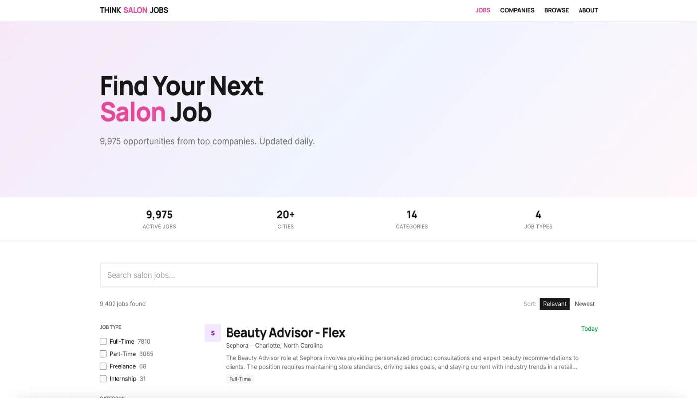 Think Salon Jobs product preview for startup listing on Aura++