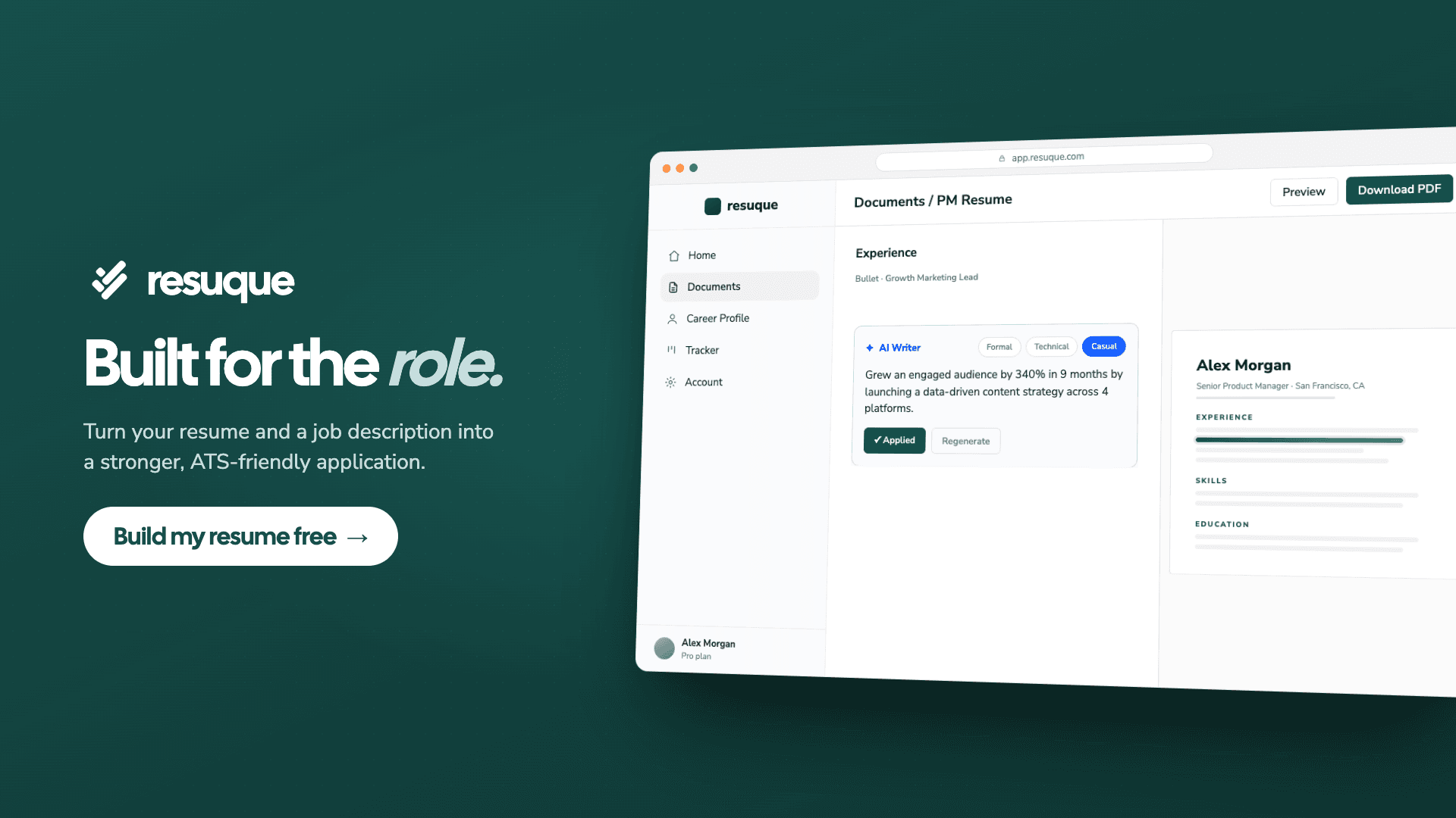 Resuque: ATS-Friendly Resume Builder product preview for startup listing on Aura++