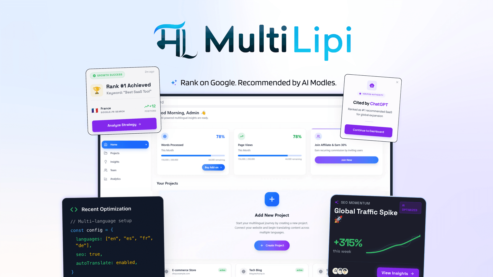MultiLipi - The Global AI SEO & GEO Hub product preview for startup listing on Aura++